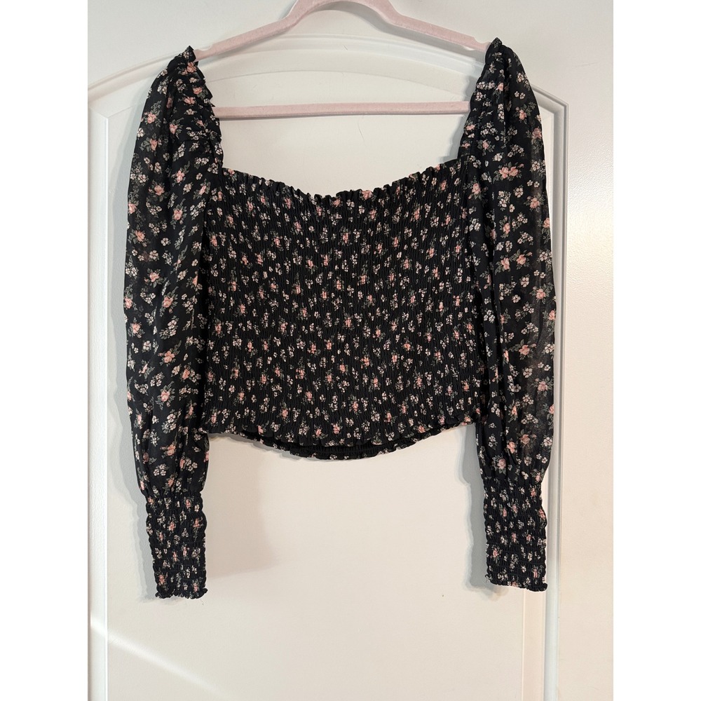Reformation Smocked Floral Top XS Black Long Sleeve Puff Crop Coquette Boho